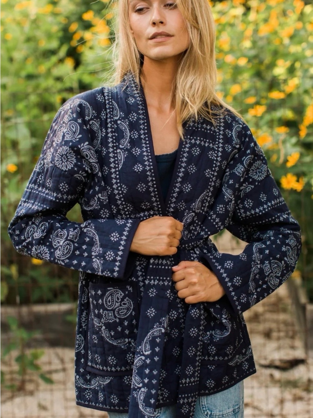 Quilted Navy Bandana Print Wrap Jacket - Women